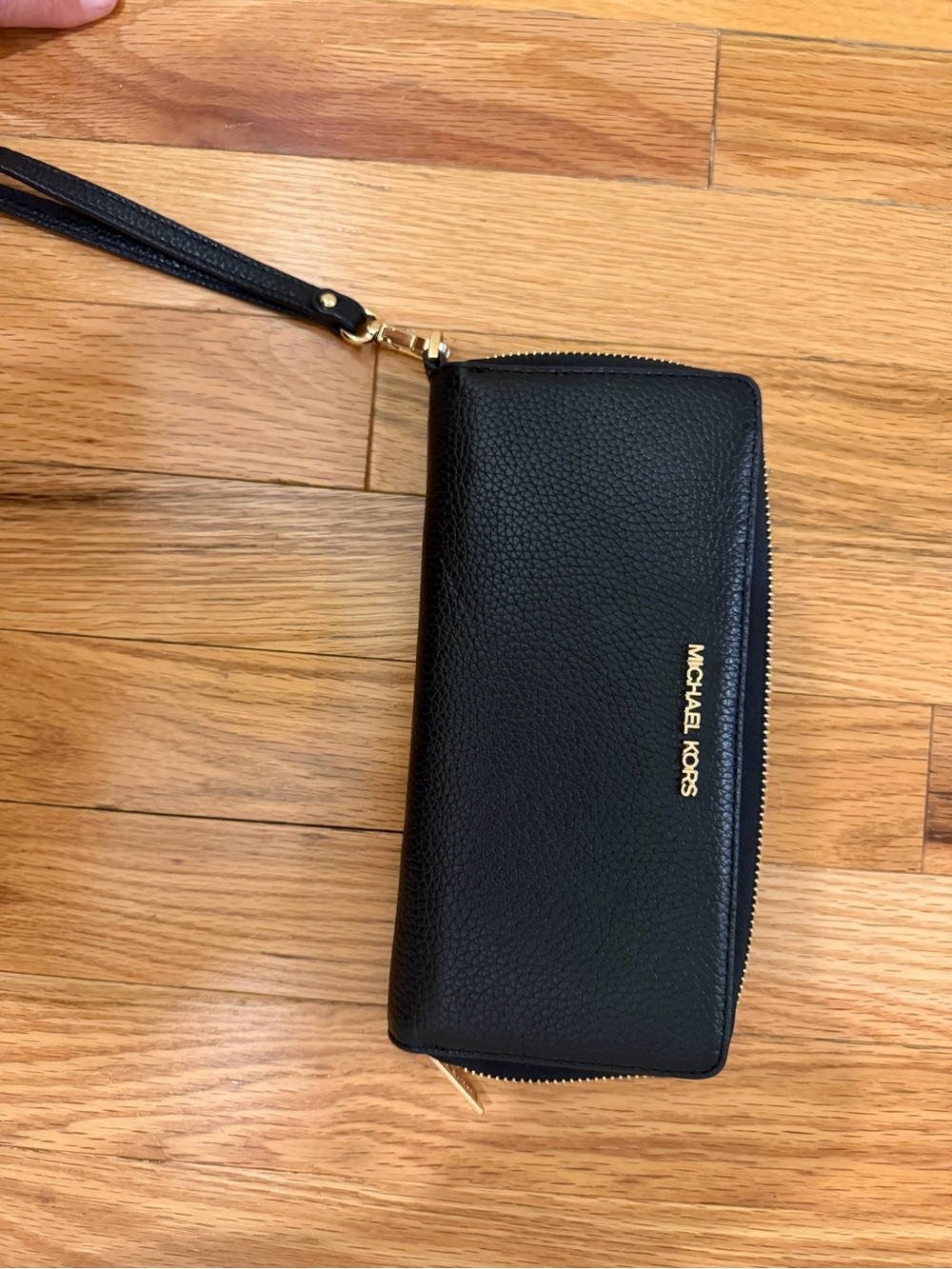 Michael Kors Black Pebbled Leather Wristlet with Gold Logo